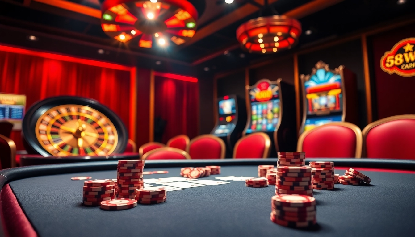 Experience the thrill of 58win at an elegant casino table, showcasing cards and chips.