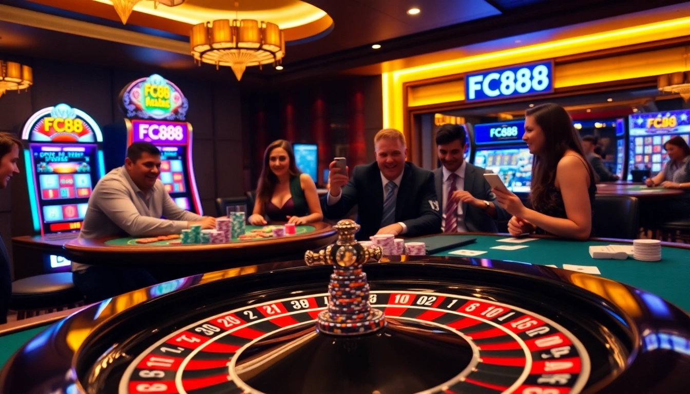 Players experiencing exciting games at FC88 casino with vibrant cards and poker chips.