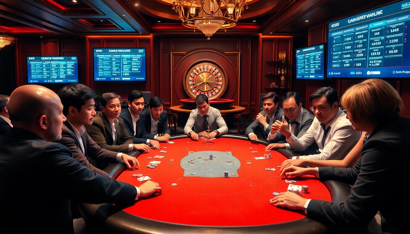 Exciting poker activity at Nhà cái OK365 casino with vibrant poker chips and focused players.