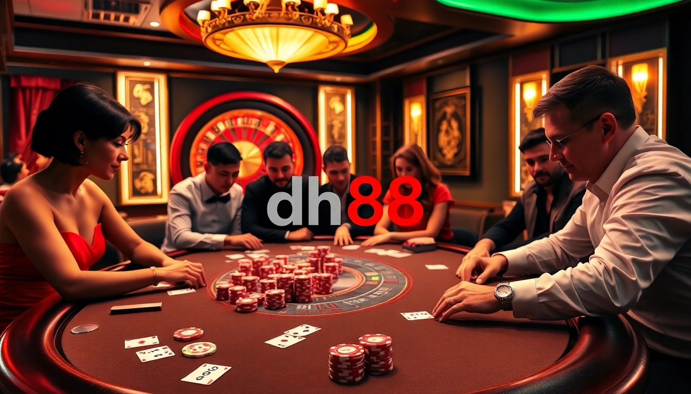 Gamblers strategizing at a luxurious poker table in a dh88 casino setting.