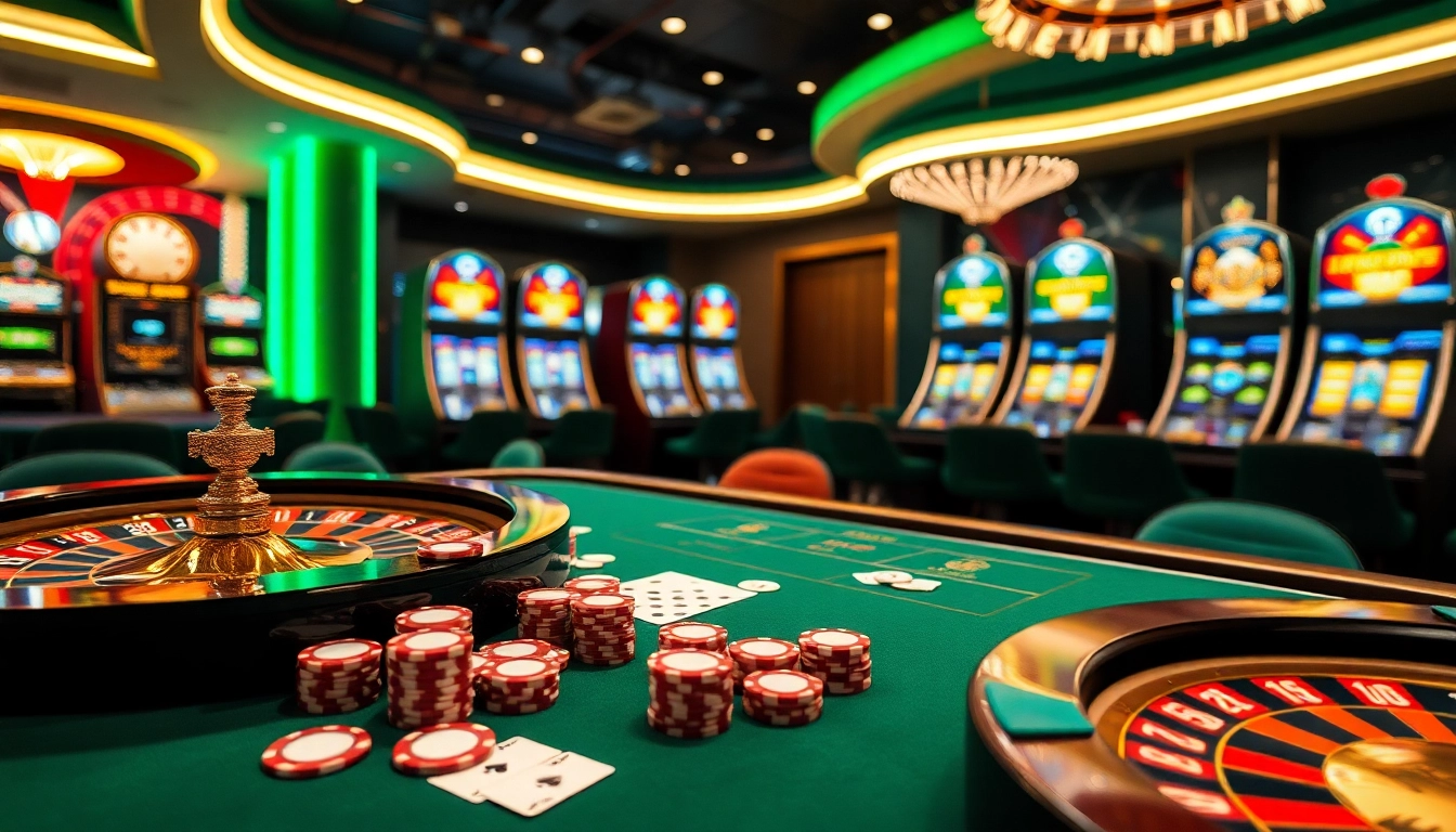 Engaging scene of 8kbet gaming table showcasing poker chips and roulette wheel in a luxurious casino.