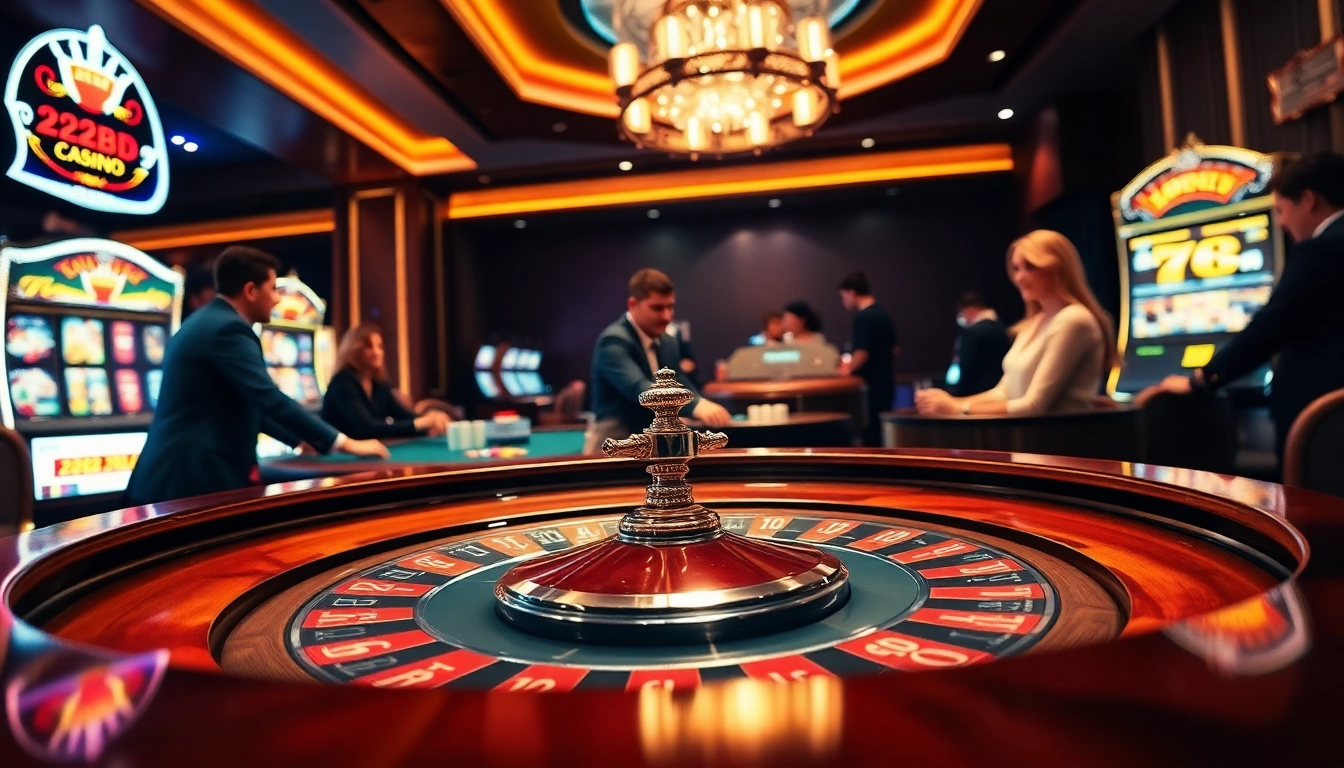A vibrant roulette table branded with 222bd, showcasing players engaged in exciting gameplay at a luxurious casino.