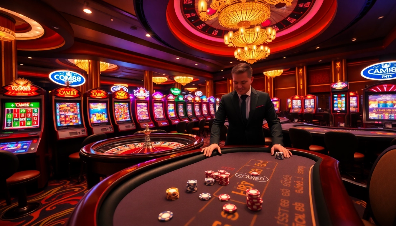 Exciting casino ambiance featuring CM88 branded poker chips on vibrant tables, capturing the thrill of gambling.