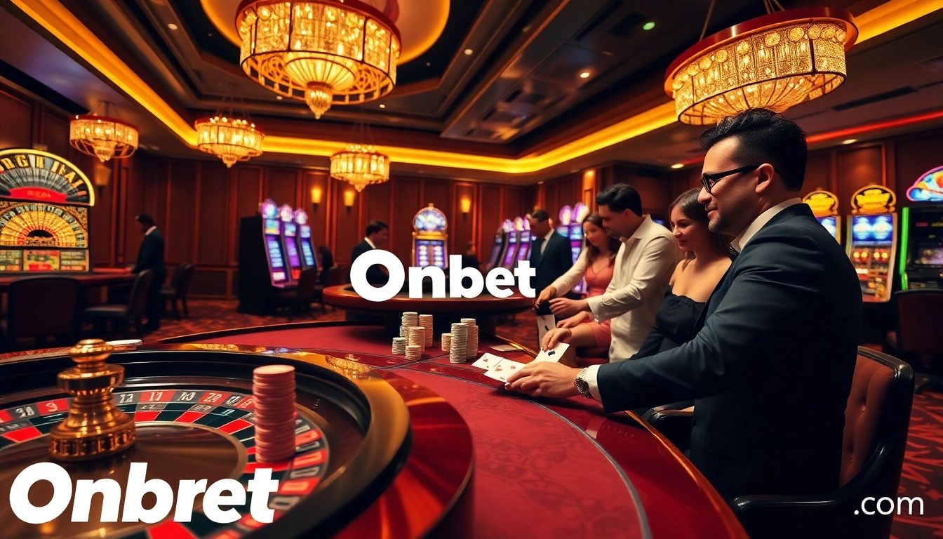 Experience the excitement at Onbet com with vibrant casino visuals featuring poker chips and roulette.