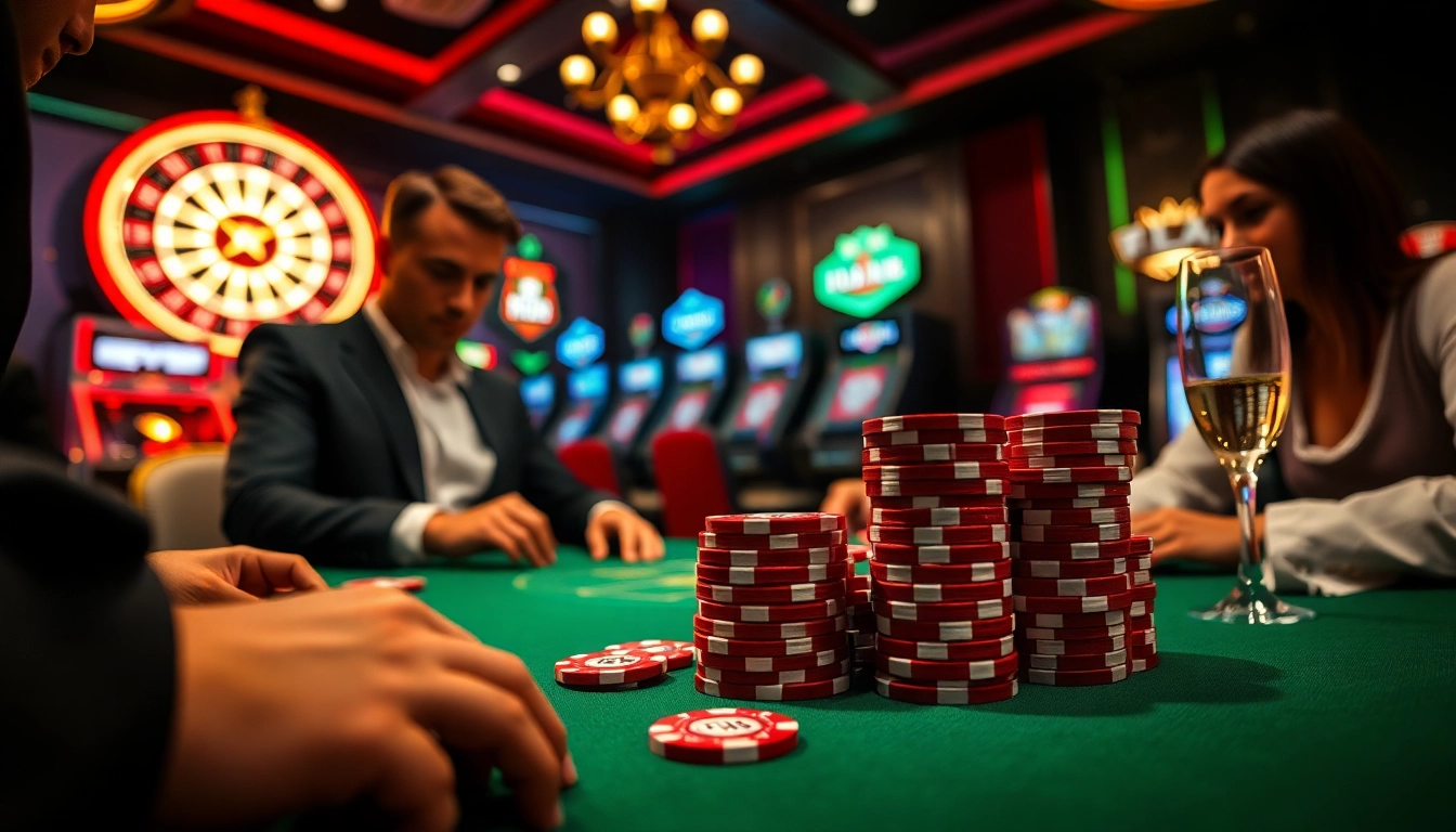 Players immerse in the excitement of FLY88 poker night with vibrant chips and roulette wheels.