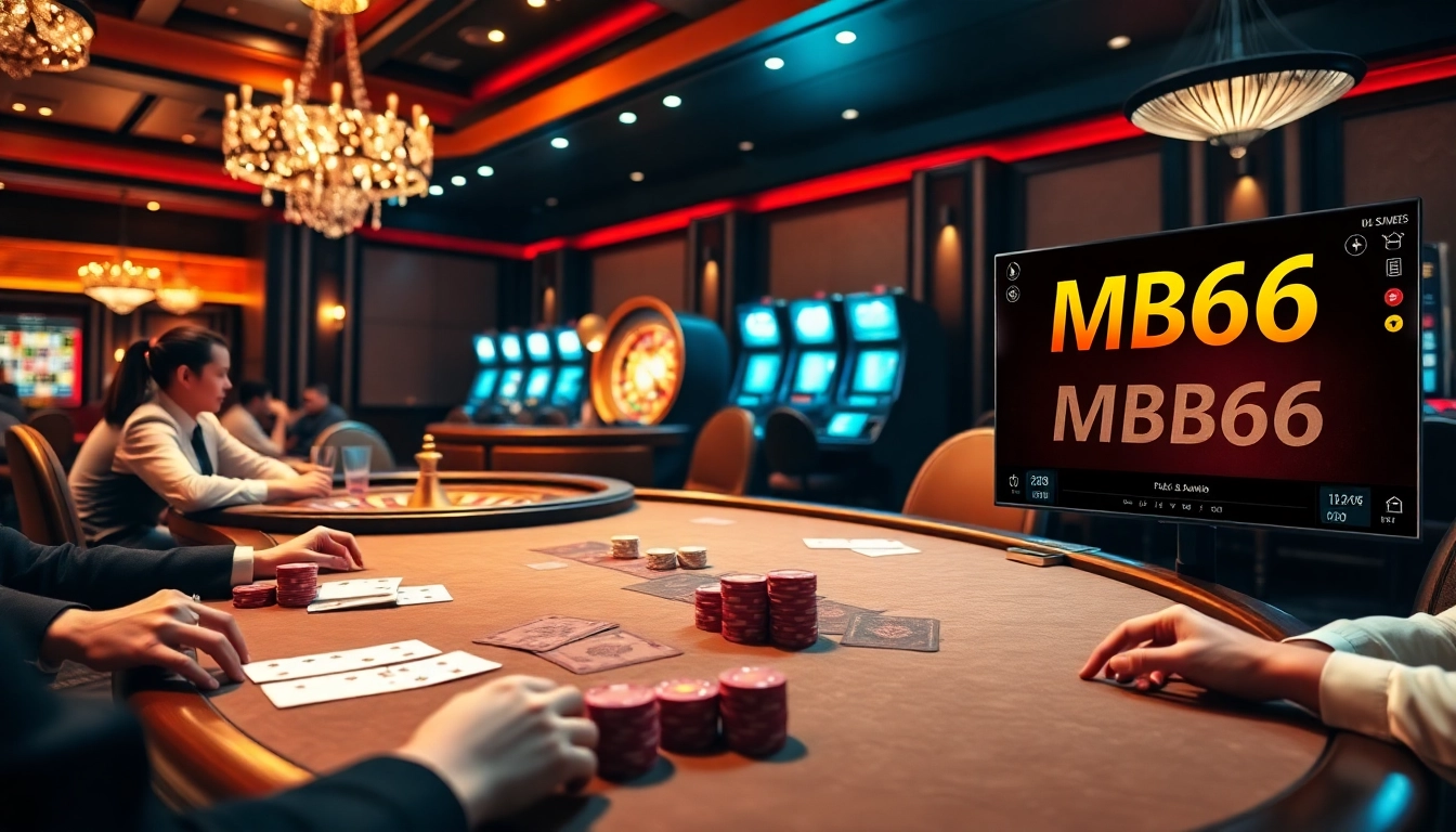 Players enjoying high-stakes poker at the luxurious MB66 casino tables with vibrant atmosphere.