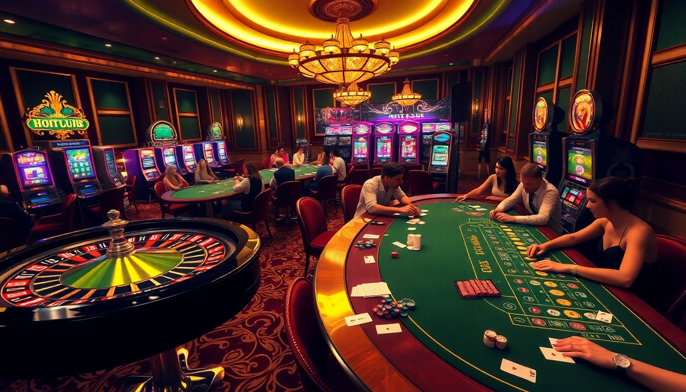Players enjoying thrilling games at HITCLUB casino, surrounded by vibrant slot machines and roulette.