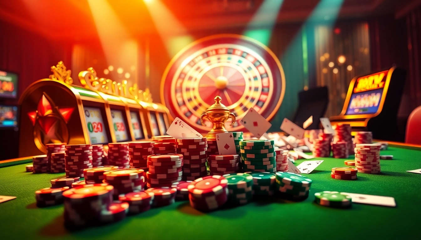 88vv online casino scene depicting vibrant slot machines and a roulette wheel in an engaging gaming environment.