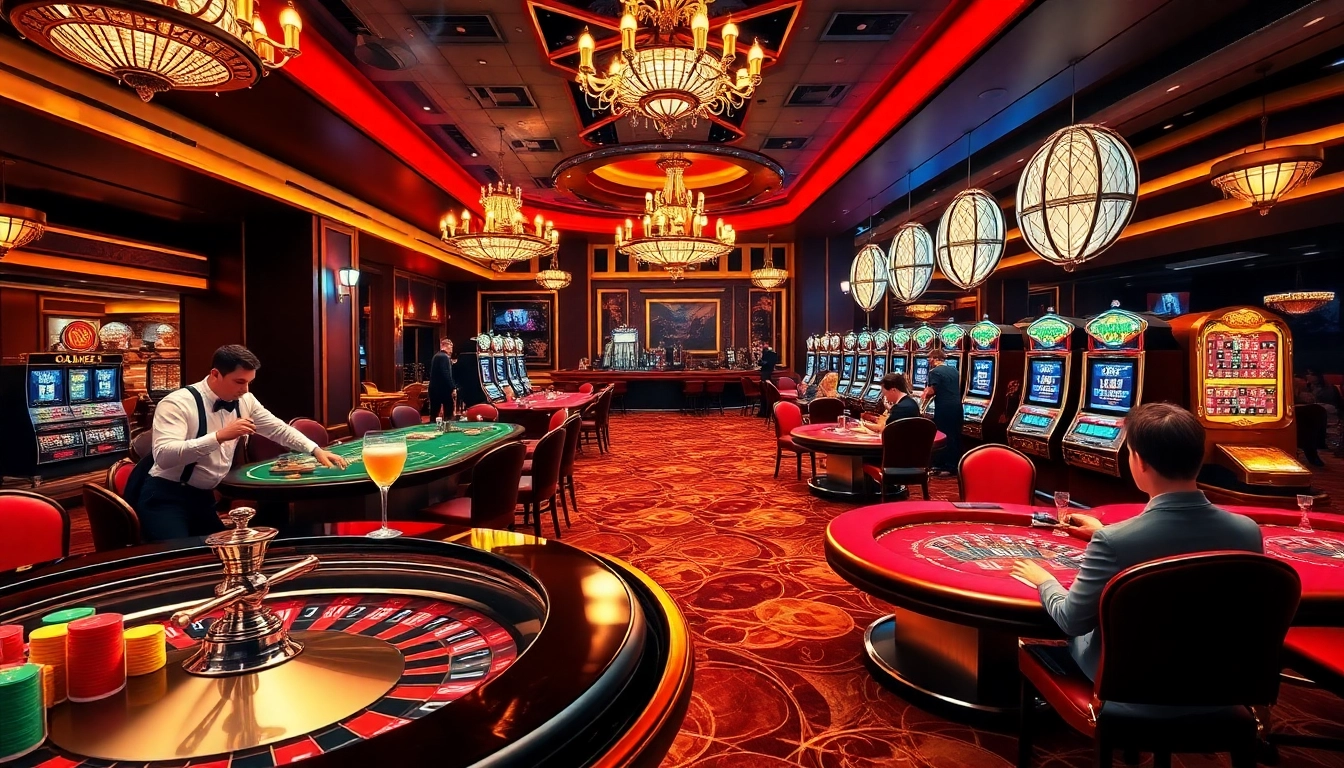Players enjoying thrilling games at 5z777 casino, showcasing poker tables and slot machines.