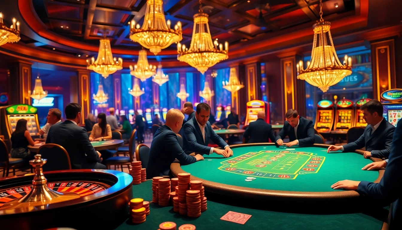 Players enjoying a thrilling poker game at a glamorous casino table, featuring 89bet elements.