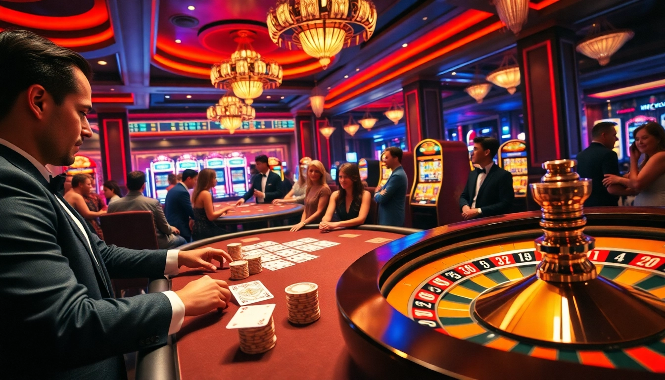 Exciting poker action at HITCLUB Casino with luxurious decor and vibrant atmosphere.