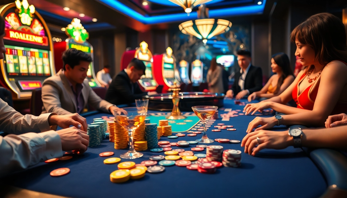 Engage with kp88 gaming action at a vibrant casino table filled with cards and colorful chips.