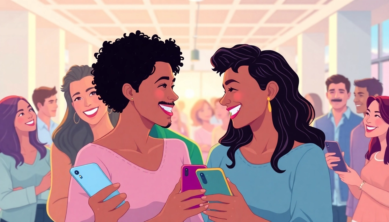 Joyful couples and singles engaging on the OKFUN COM dating platform, showcasing connection and inclusivity.