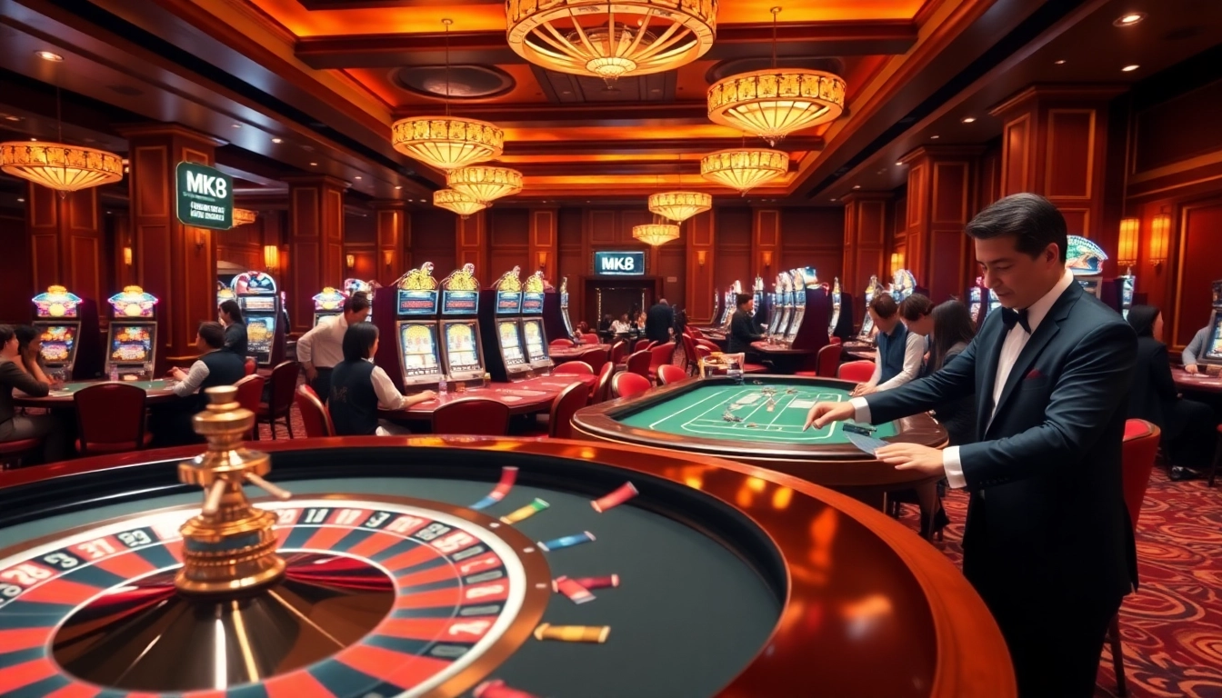 Players enjoying high-stakes poker and roulette at MK8 casino, capturing excitement and luxury.
