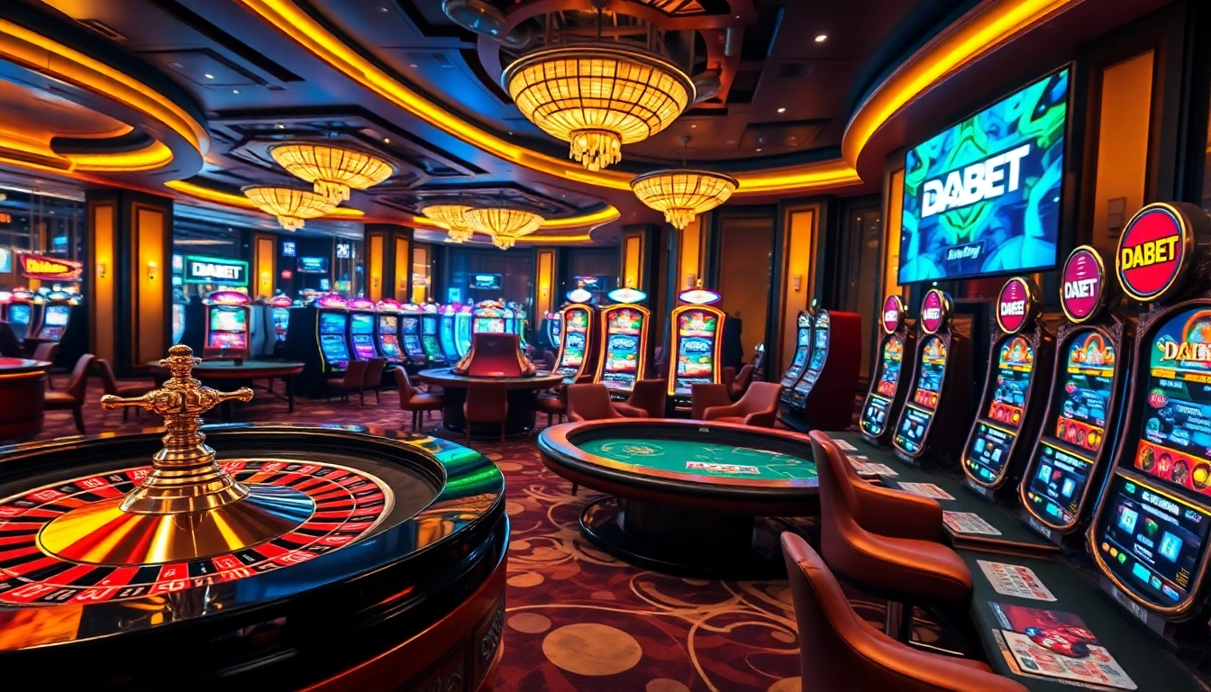 DABET offers an exciting casino environment featuring vibrant slot machines and classic poker tables.