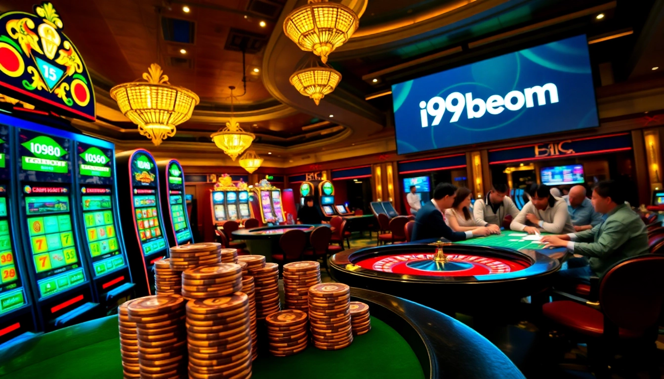 Experience excitement at i9bet com with players enjoying high-stakes poker and vibrant slot machines.