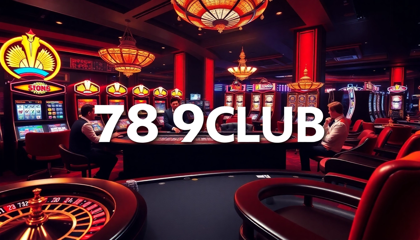 Experience the thrill of gambling at 789CLUB with a luxurious casino scene featuring poker, slots, and roulette.