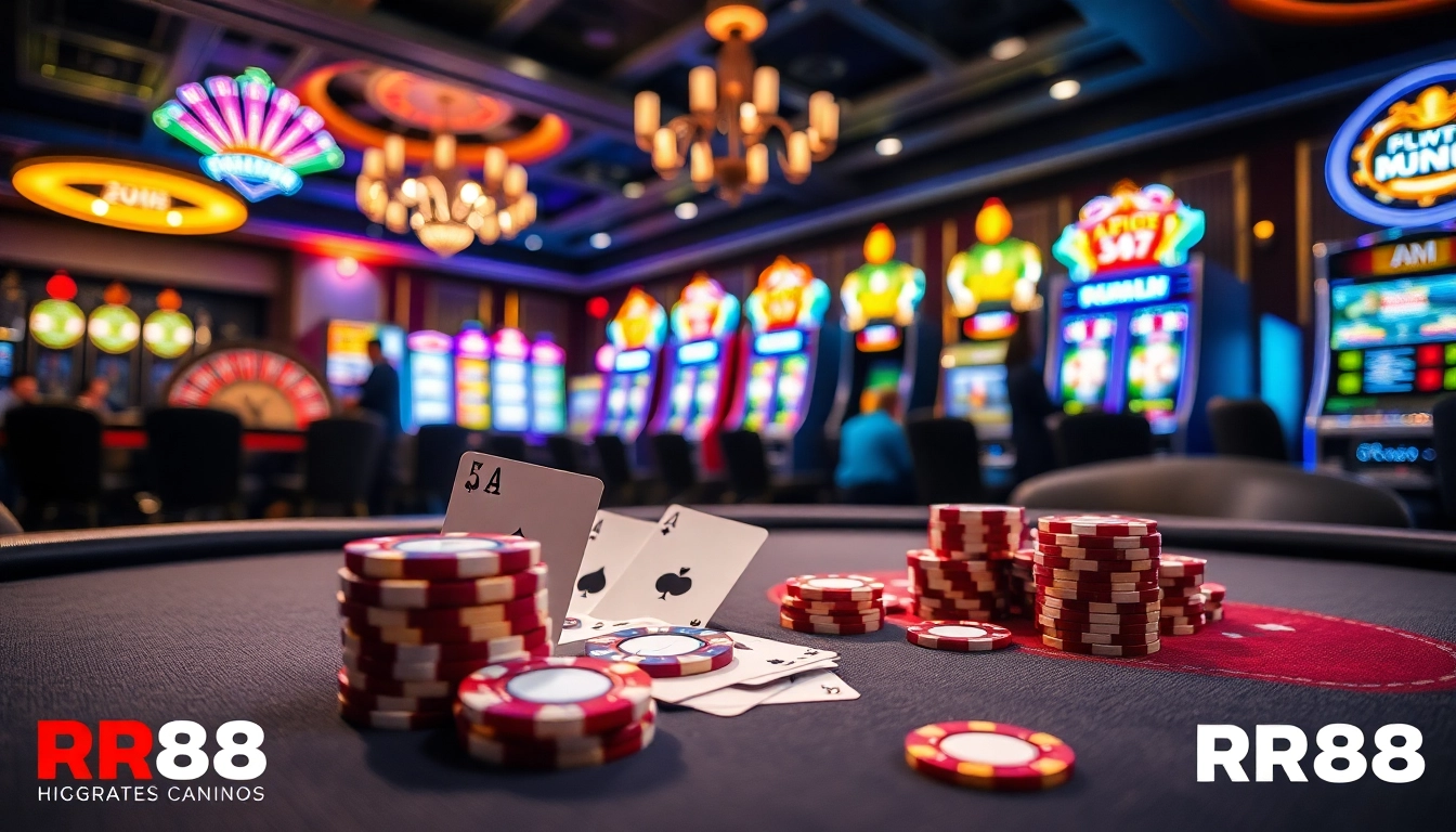 Experience the thrill of RR88 at a luxurious casino with vibrant poker tables and roulette wheels.