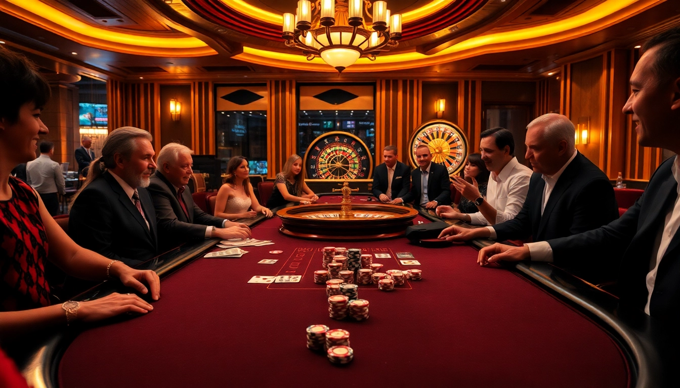 Players engaged at a poker table with the uu88 link displayed on devices, showing excitement in a luxurious casino scene.