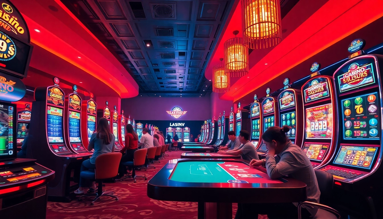 Exciting online gaming experience with Lauthaitv, featuring players at vibrant slot machines.