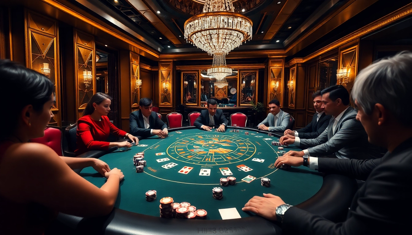 Hi88 gaming professionals at a luxurious poker table surrounded by chips and cards.