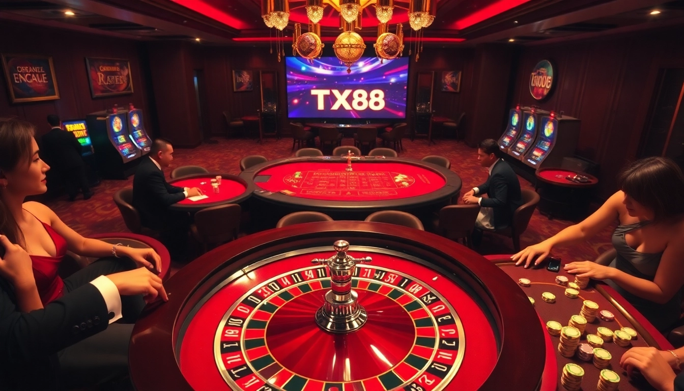 High-stakes poker action at TX88 casino with vibrant chips and roulette tables.