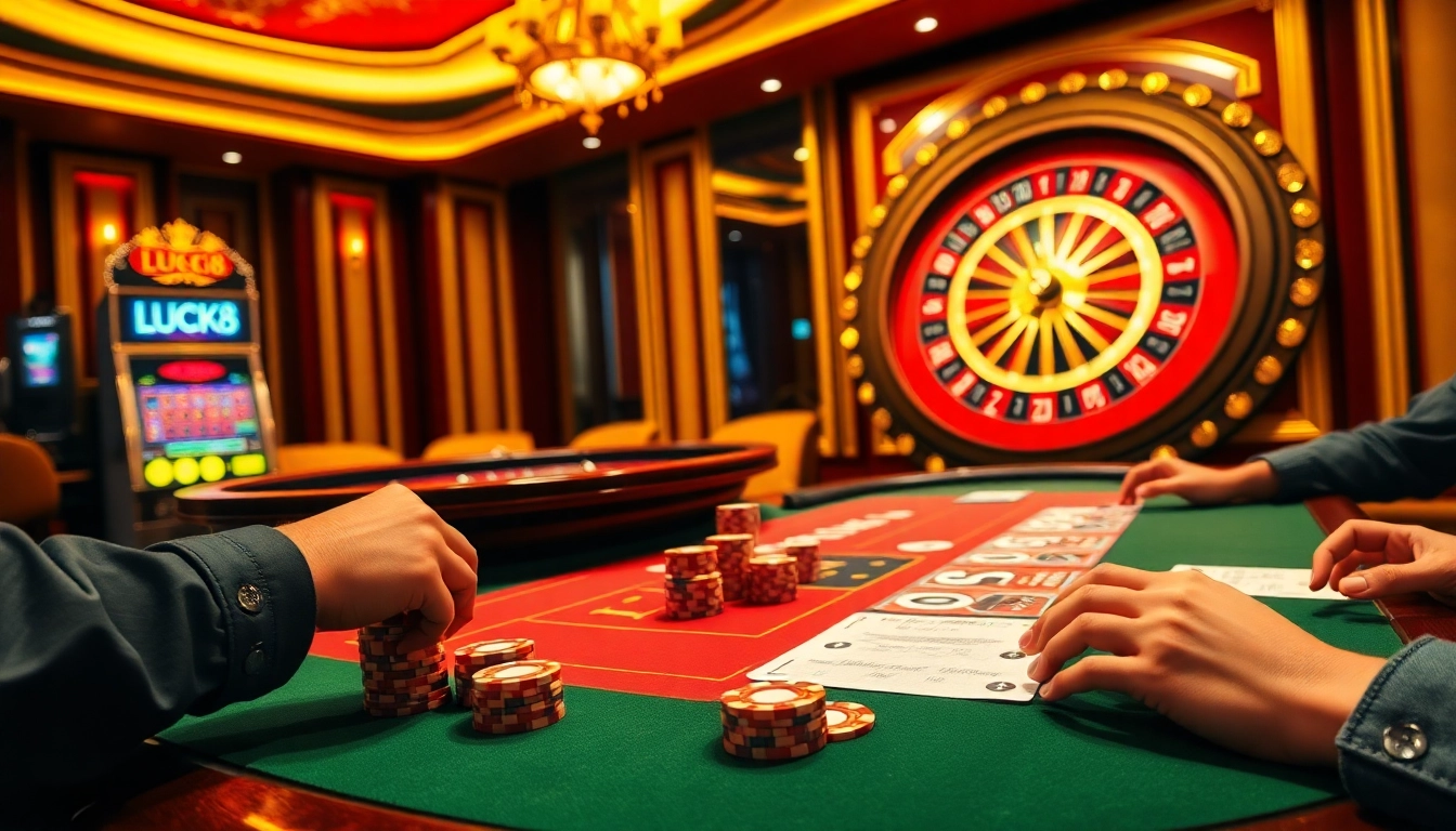 Người chơi đang tận hưởng một ván bài đầy hồi hộp tại bàn poker LUCK8, xung quanh là các yếu tố casino sinh động.