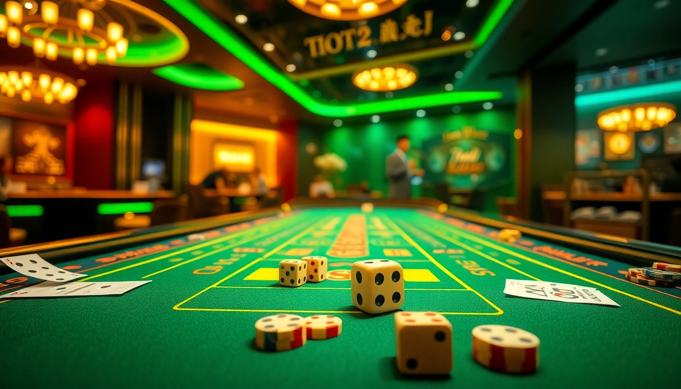 Tài xỉu md5 gaming experience with illuminated tables and engaged players at an online casino.