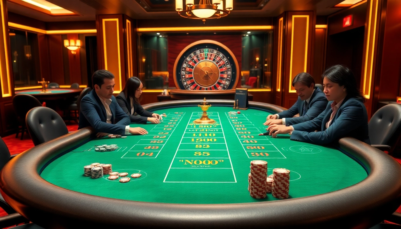 Tài xỉu md5 game table showcasing players betting enthusiastically in a vibrant casino atmosphere.