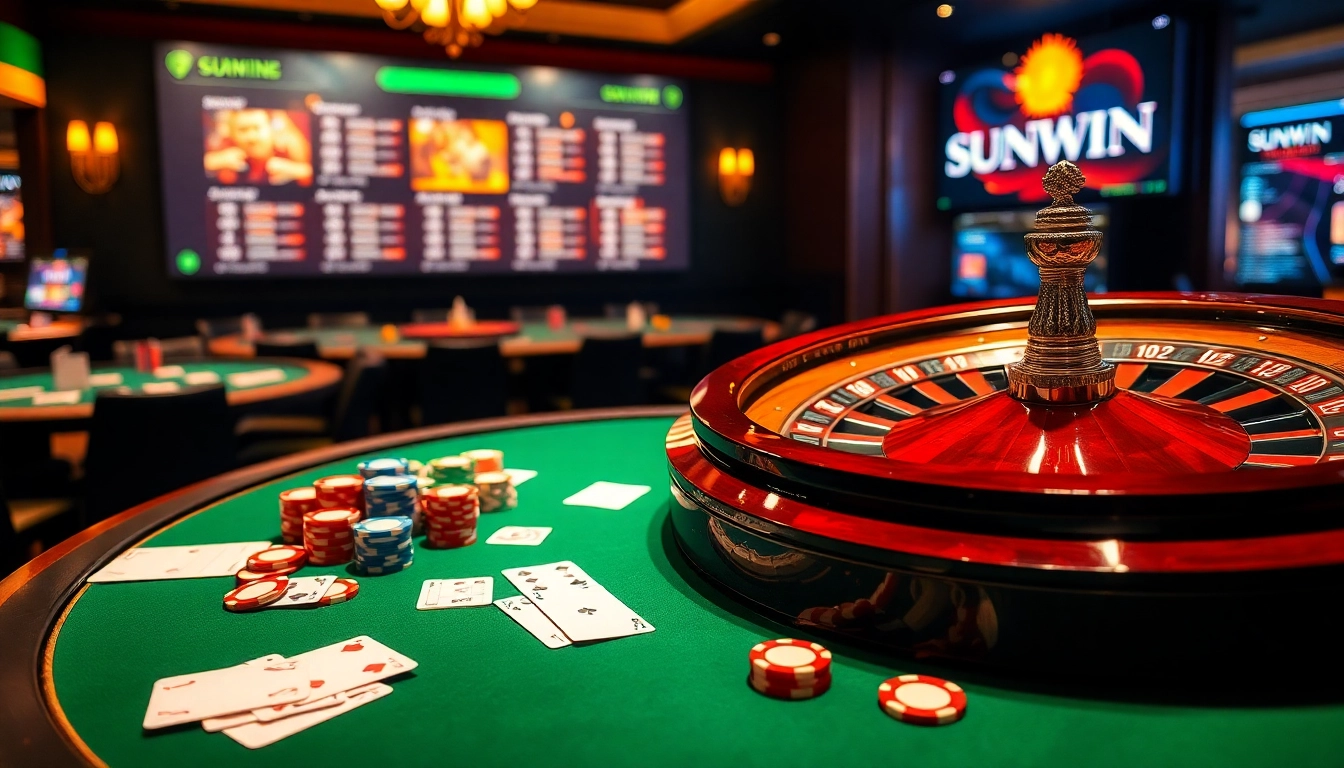 SUNWIN poker table showcasing colorful chips and high-quality cards in an elegant casino setting.