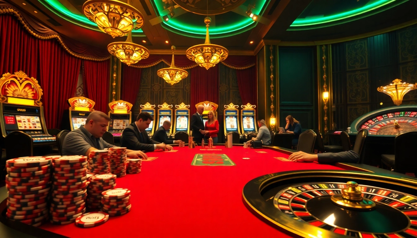 Players strategizing at a Win55 poker table with vibrant poker chips and a roulette wheel in the background.