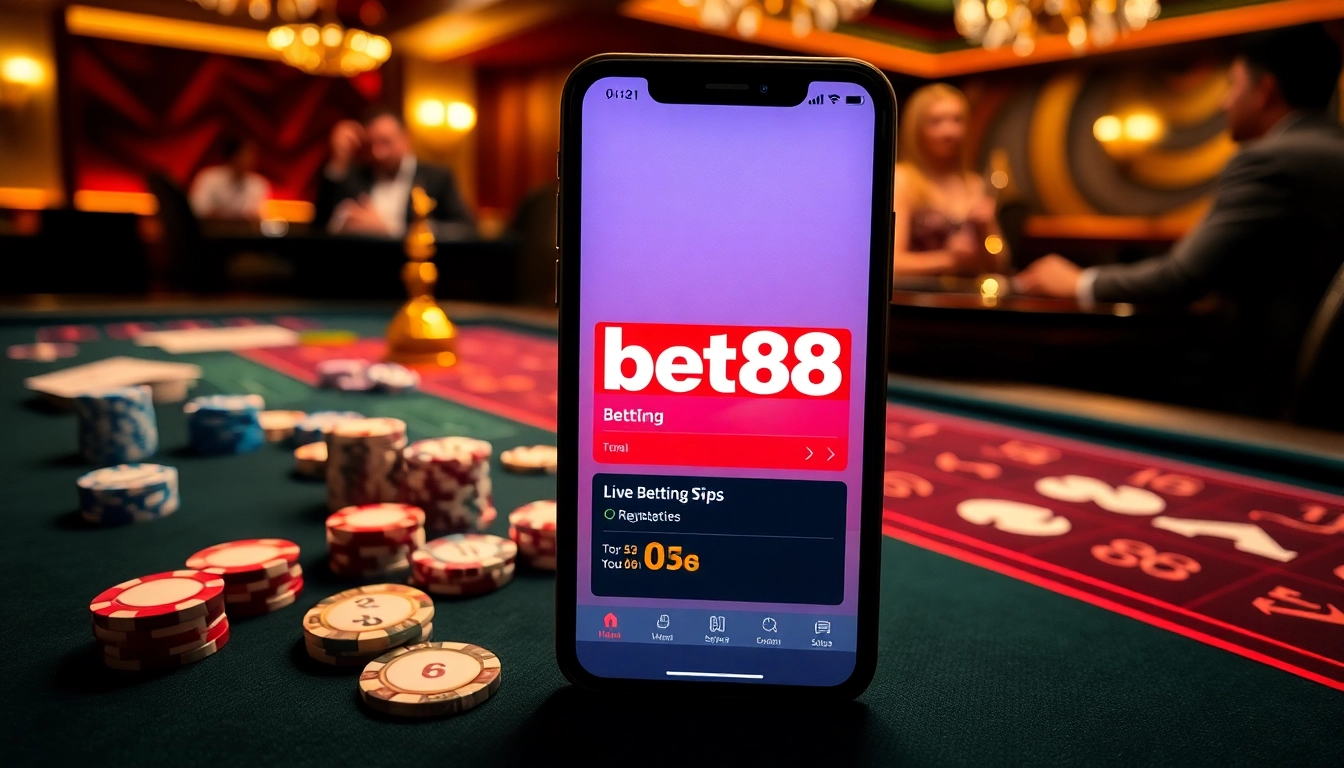Experience the thrill of the Bet88 app in a luxurious casino setting with vibrant gaming elements.