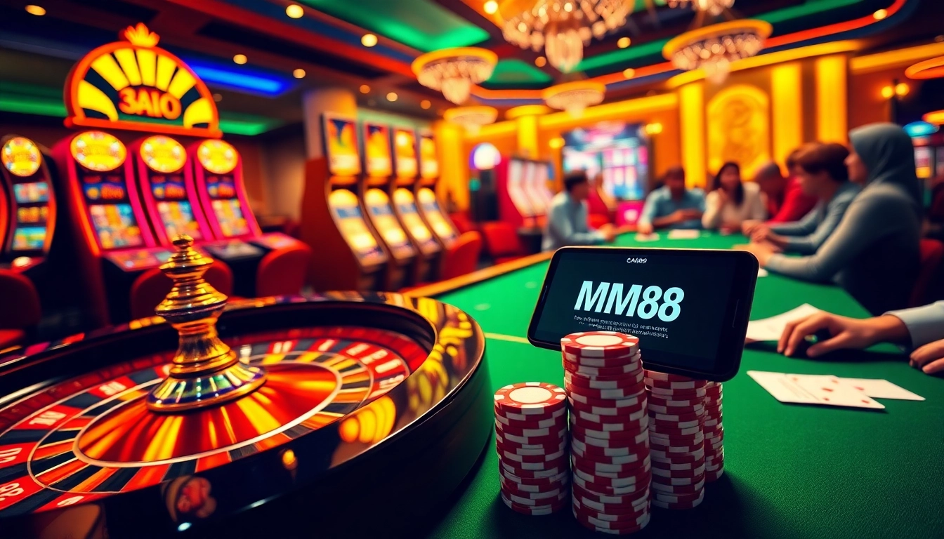 Players winning big at MM88’s glamorous online casino with poker chips and a roulette wheel.
