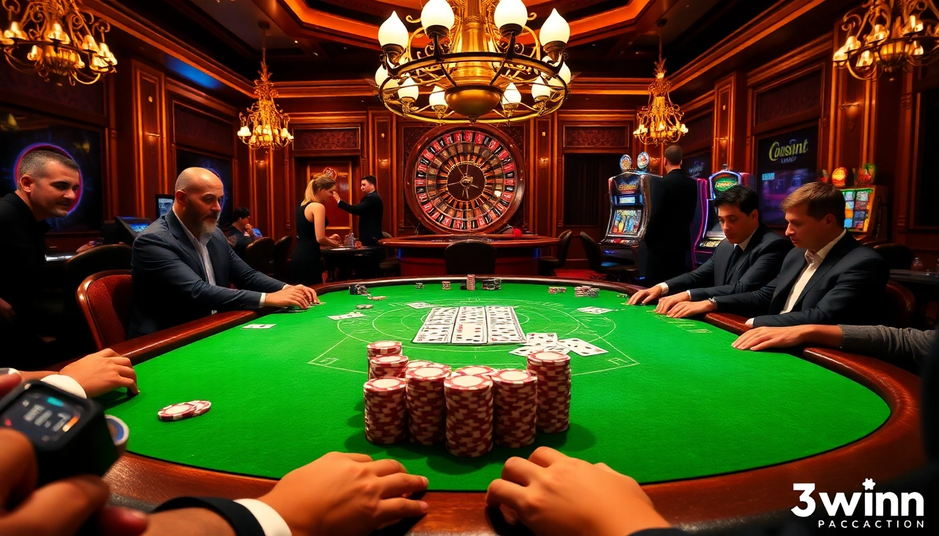 Players enjoy a high-stakes game of poker at 33win's luxurious casino tables.