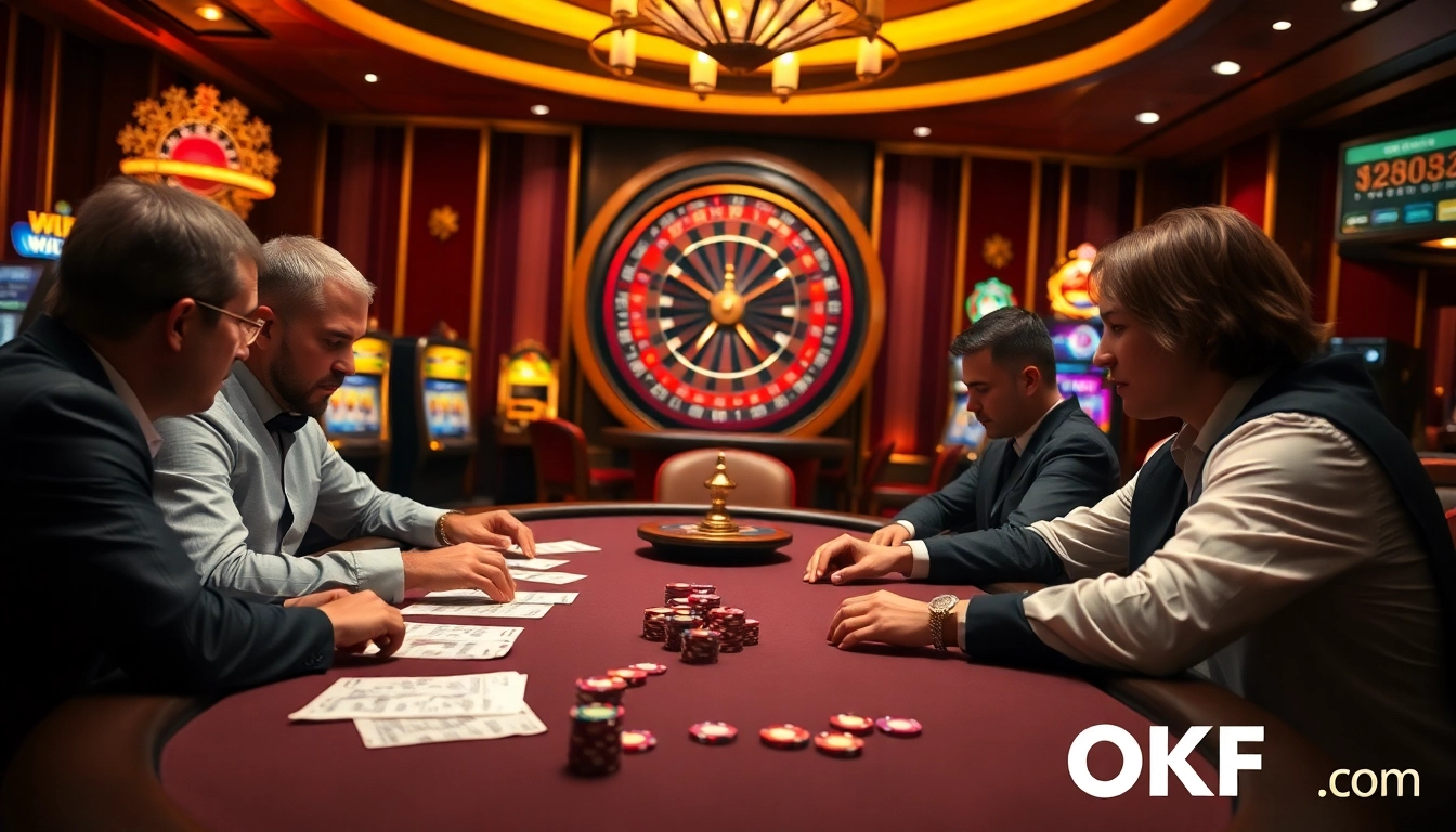 High-stakes poker table in a luxurious casino setting, featuring OKFUN com elements for online gambling excitement.