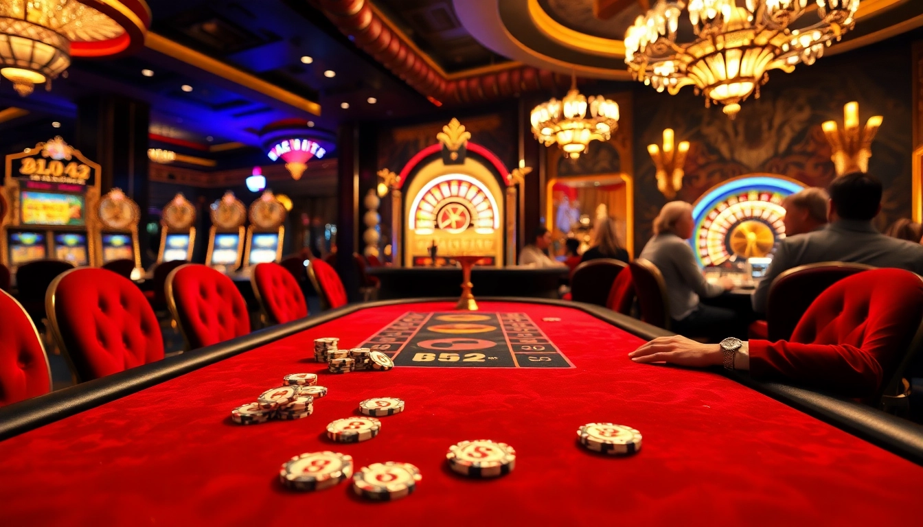 B52-themed casino table with vibrant poker chips and roulette wheel.