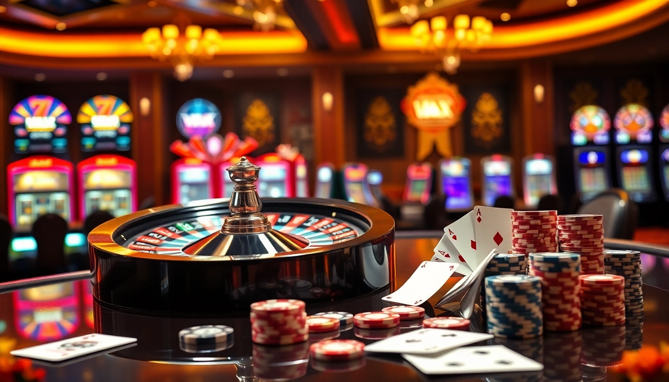 VMAX-themed casino table with roulette wheel, poker chips, and playing cards, representing luxury gambling.