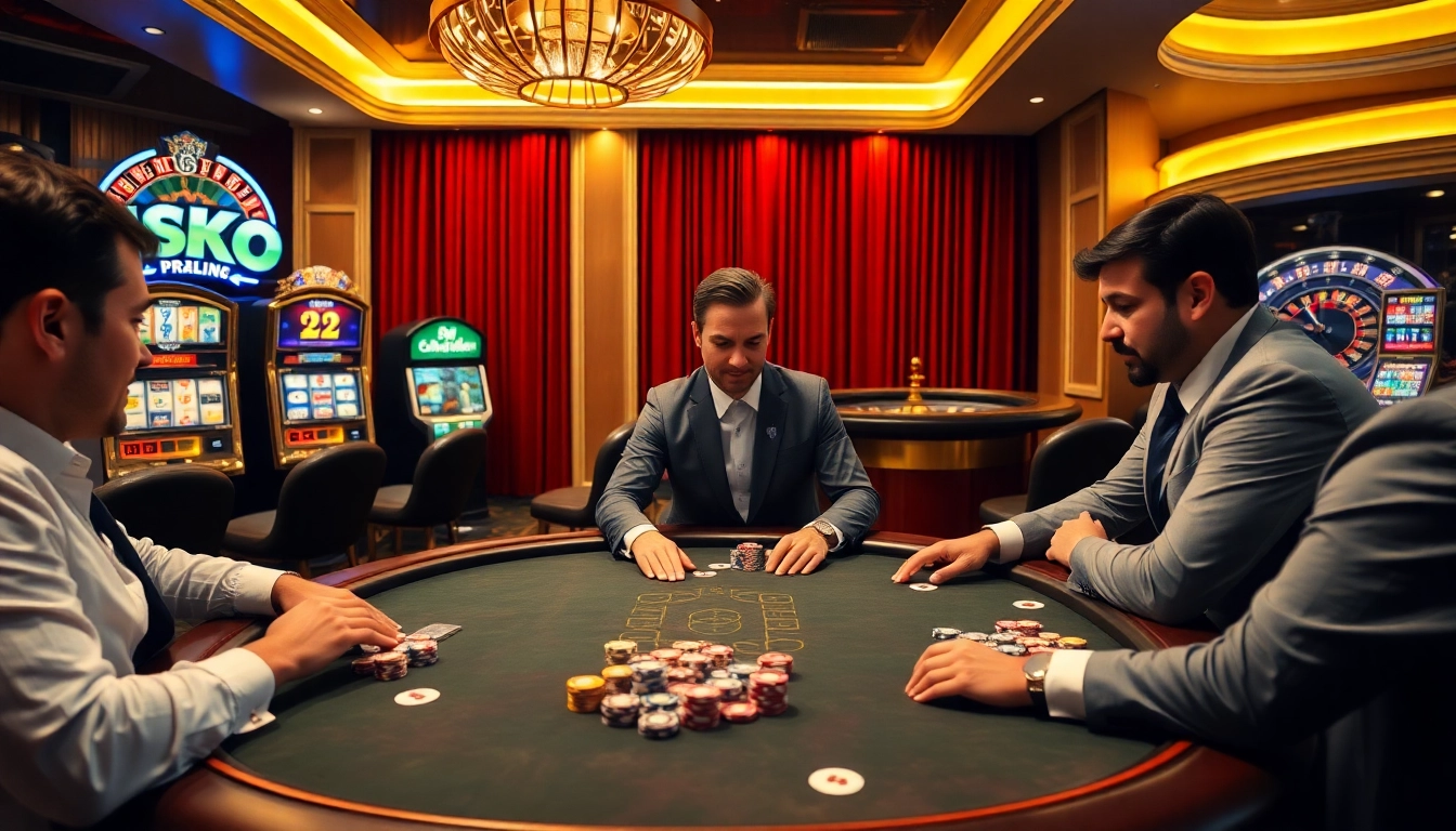 Experience the excitement of OK365's online casino with players strategizing at a glamorous poker table.