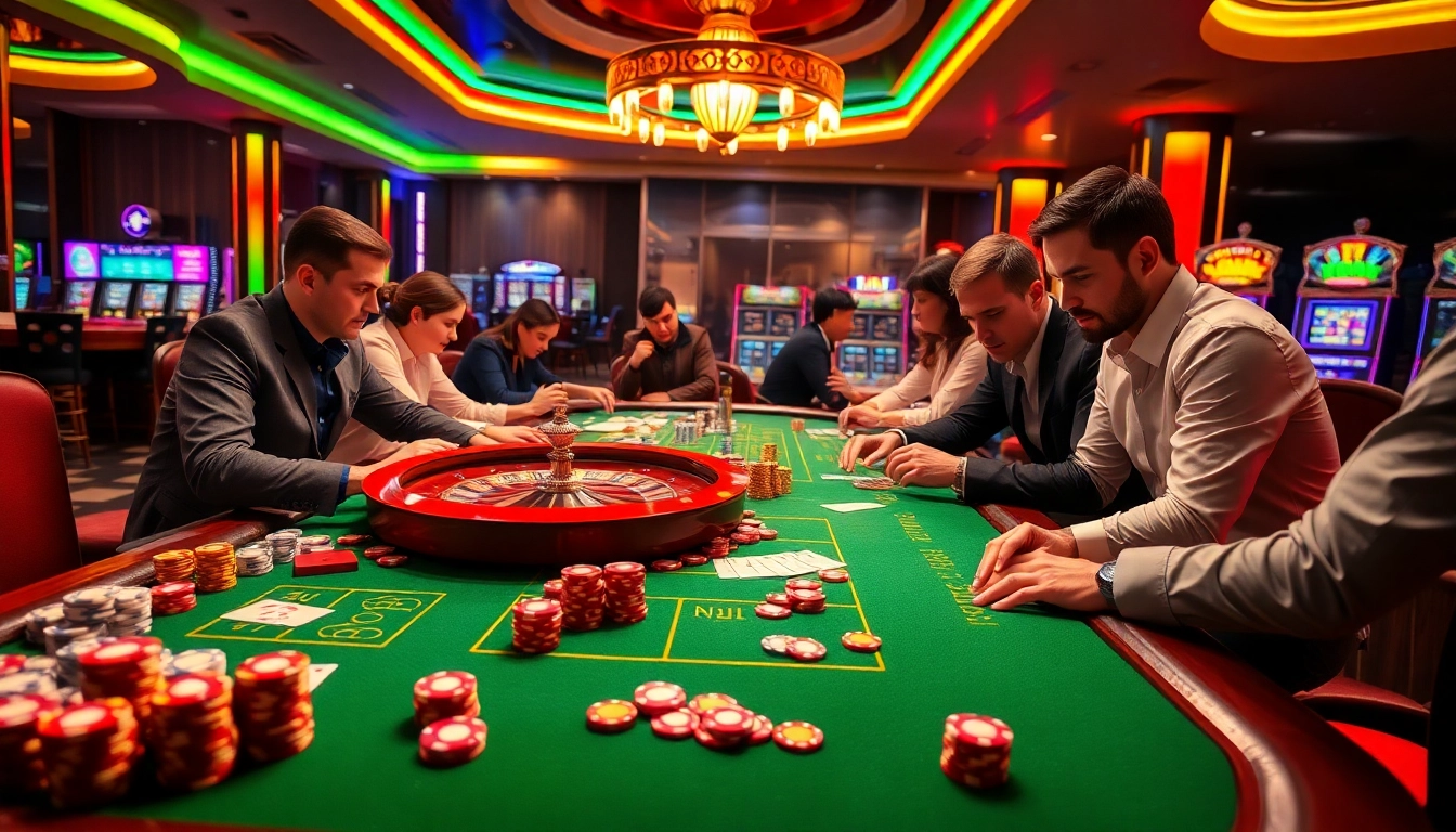 Players enjoying casino games at 58win, surrounded by vibrant poker chips and roulette wheels.