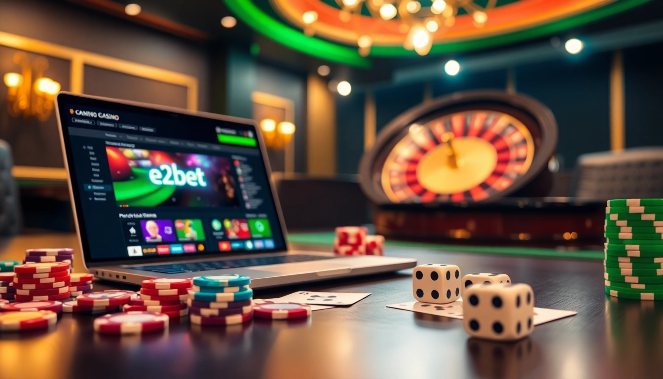 Experience e2 bet with high-stakes gaming at a luxurious casino featuring cards and chips.