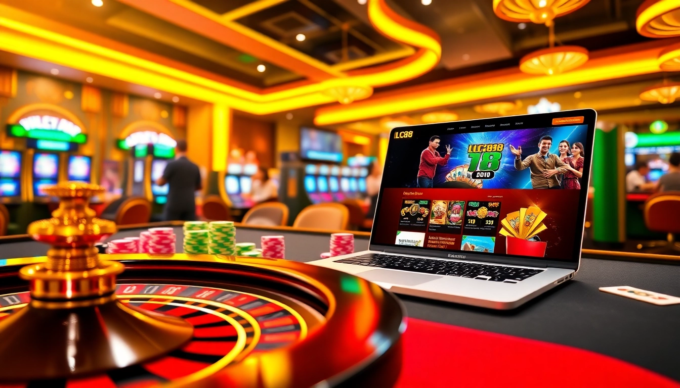 Engage with LC88's exciting online gambling experience showcasing a casino table, poker chips, and a roulette wheel.