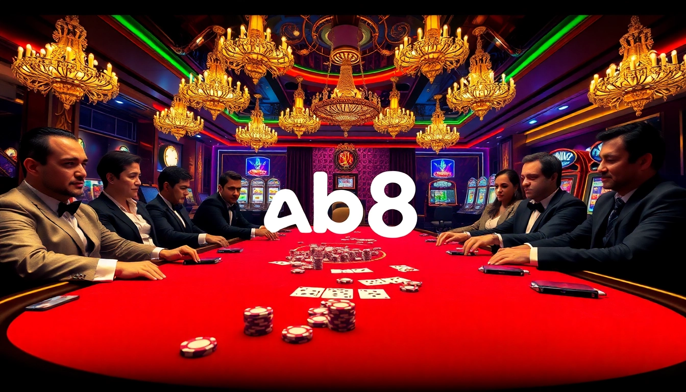 Experience the thrill of gambling at ABC8 with an elegant poker table surrounded by players.