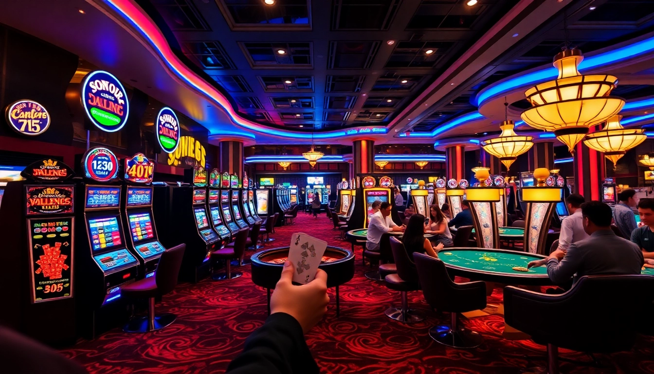 SODO66 casino atmosphere showcasing vibrant slot machines and players enjoying poker.