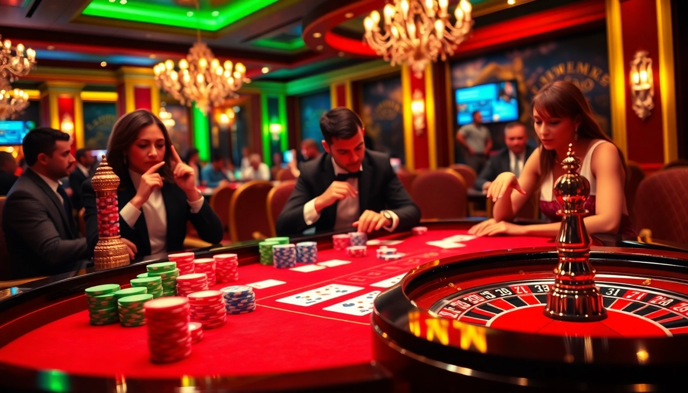 Players engaged in a thrilling game at loto188.gb.net casino, surrounded by vibrant gaming elements.