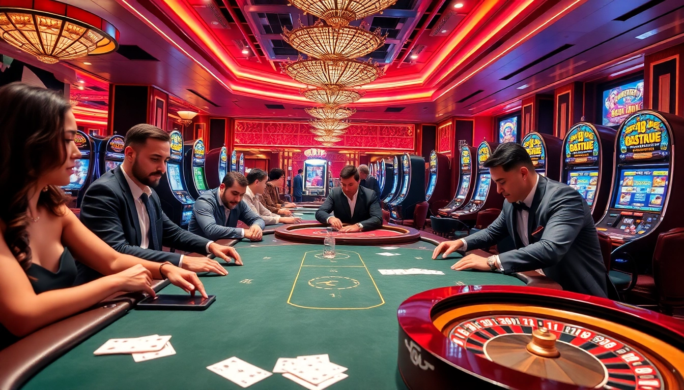 Engaging scene at an upscale casino featuring strategic gambling and elements from https://top10nhacai.gg/.