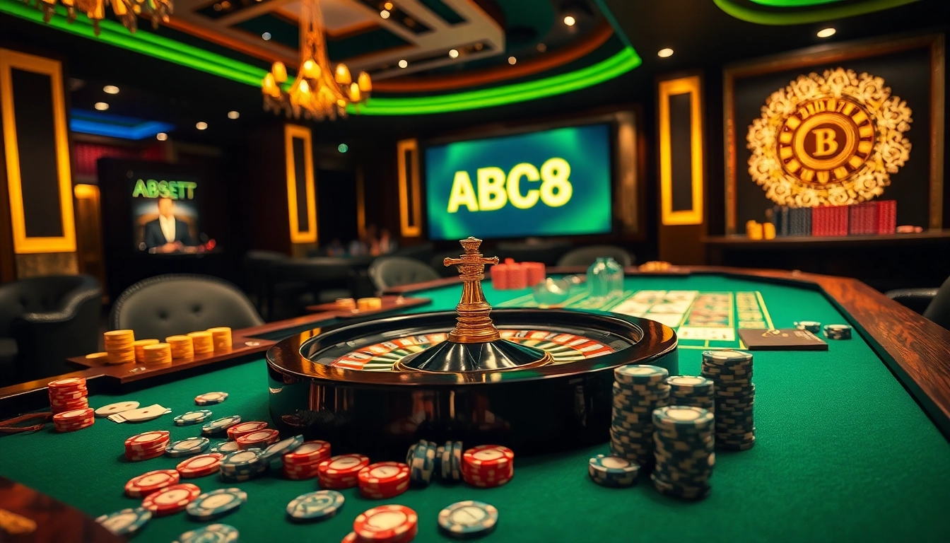Experience luxury and excitement at ABC8 casino with roulette, poker chips, and stylish dealer.