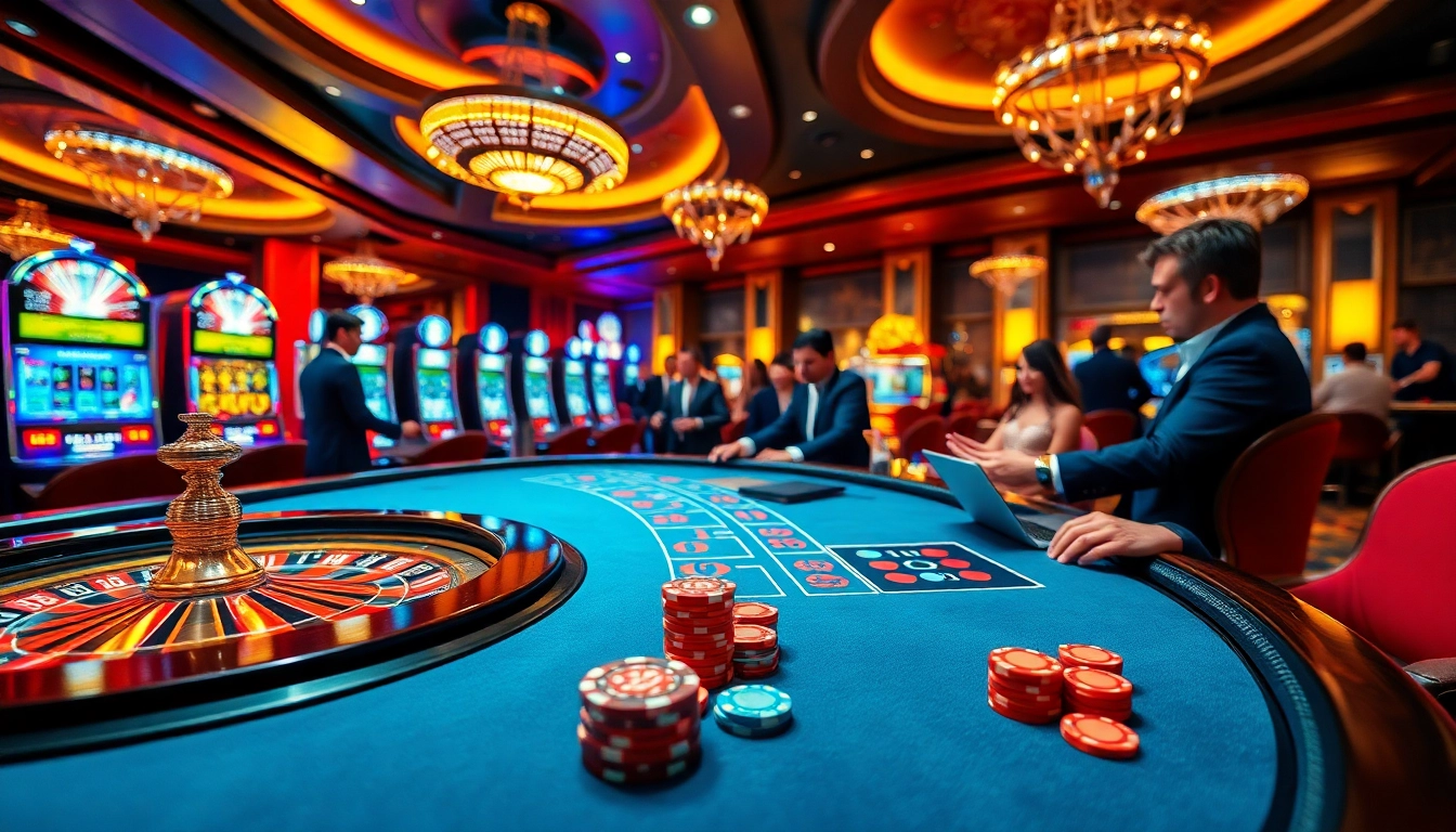 Experience the excitement of fly88.deal at a bustling casino with players engaging at tables and vibrant slot machines.