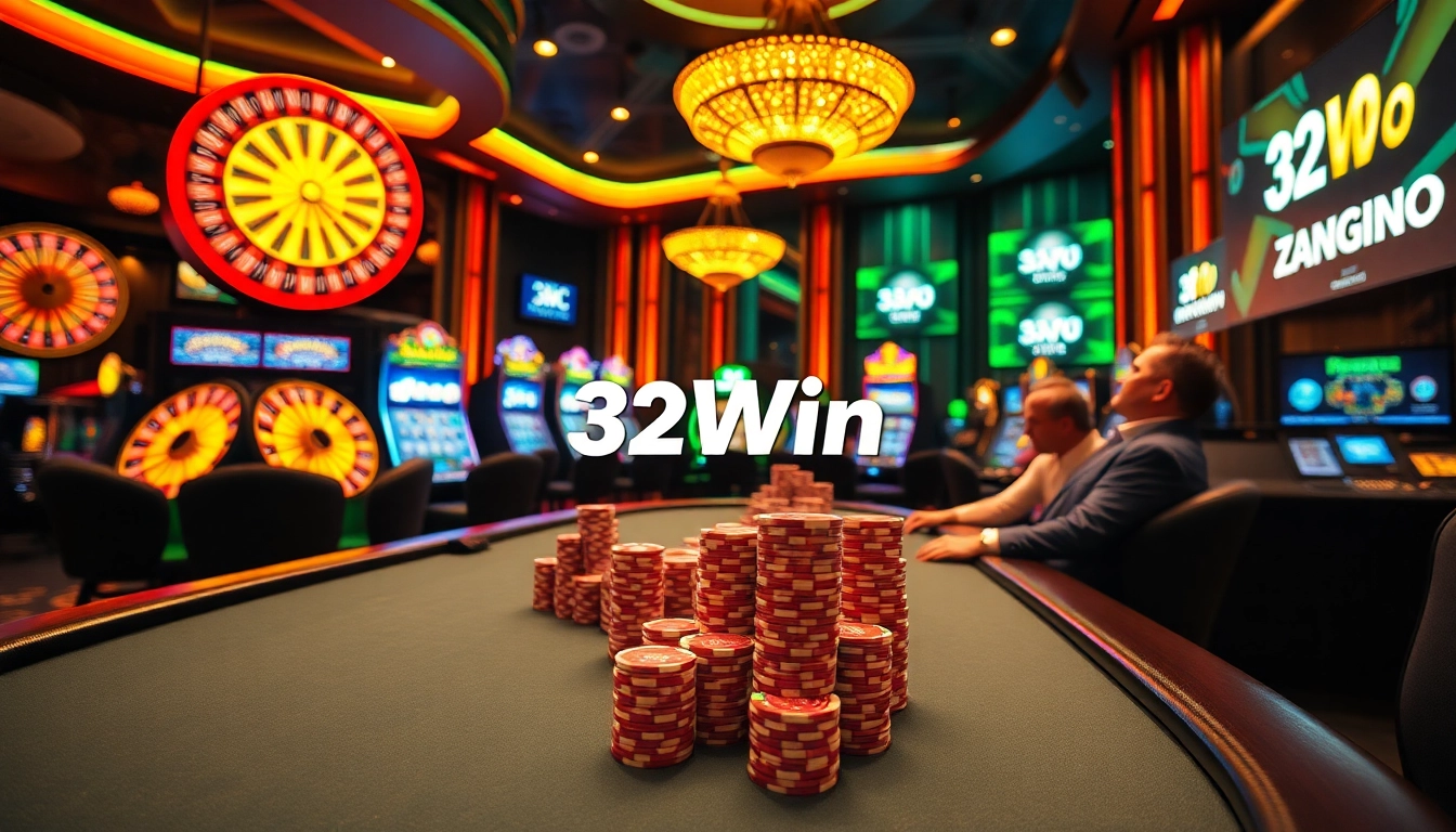 Play exciting poker at 32Win with colorful chips and immersive casino atmosphere