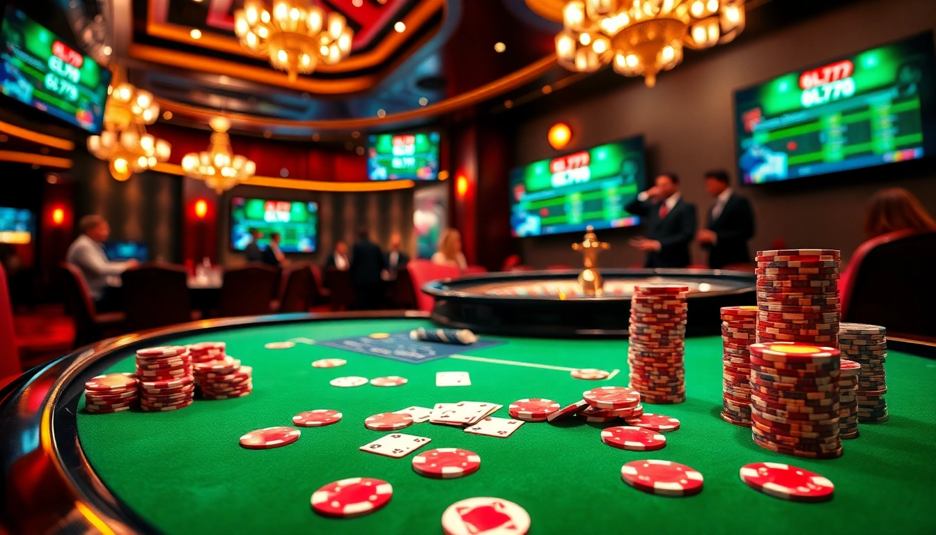 Poker players engaging in a high-stakes game at 6L777, showcasing vibrant chips and cards.