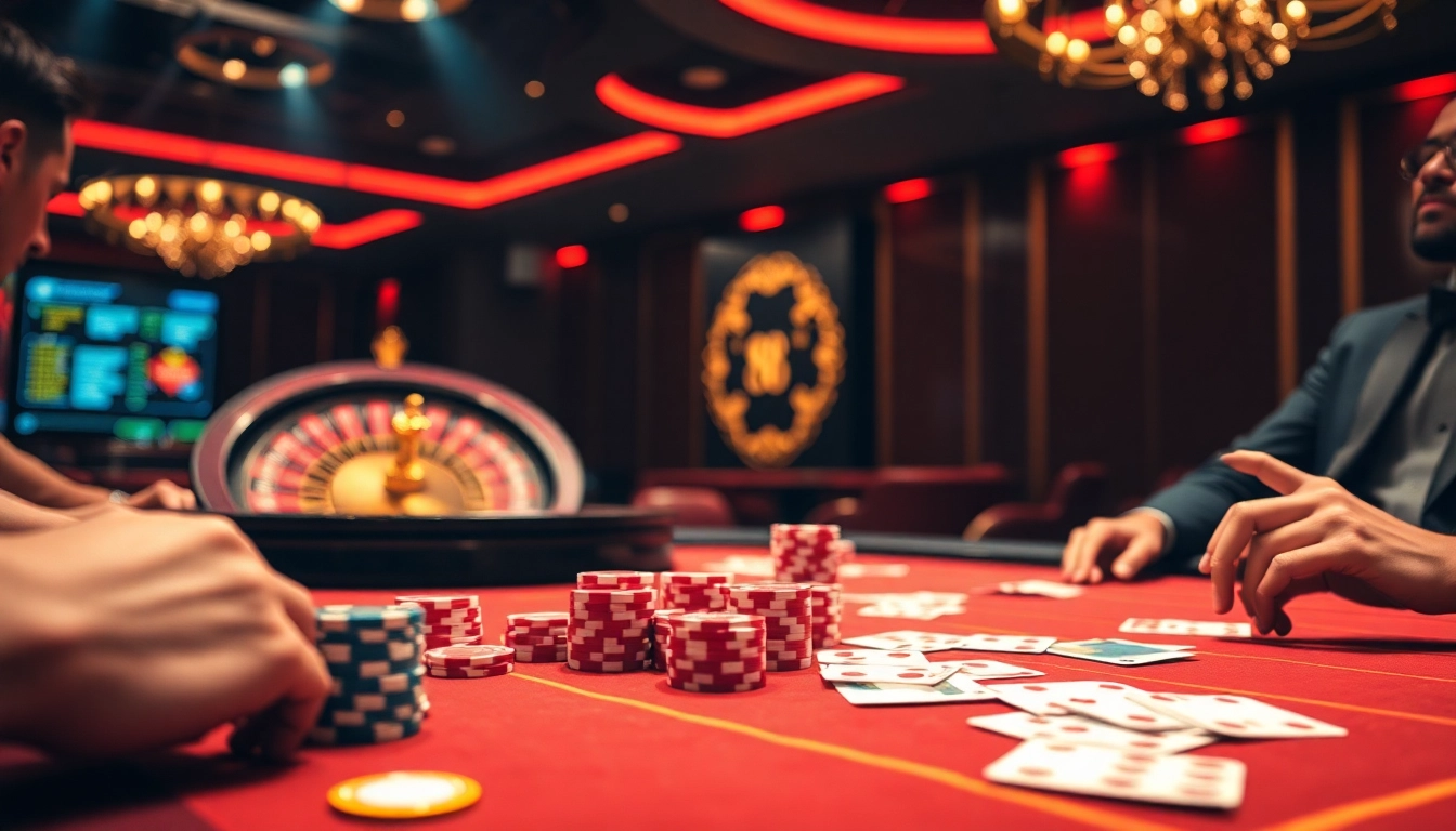 Players strategizing at a luxury casino table, showcasing go 88 gambling excitement with chips and cards.